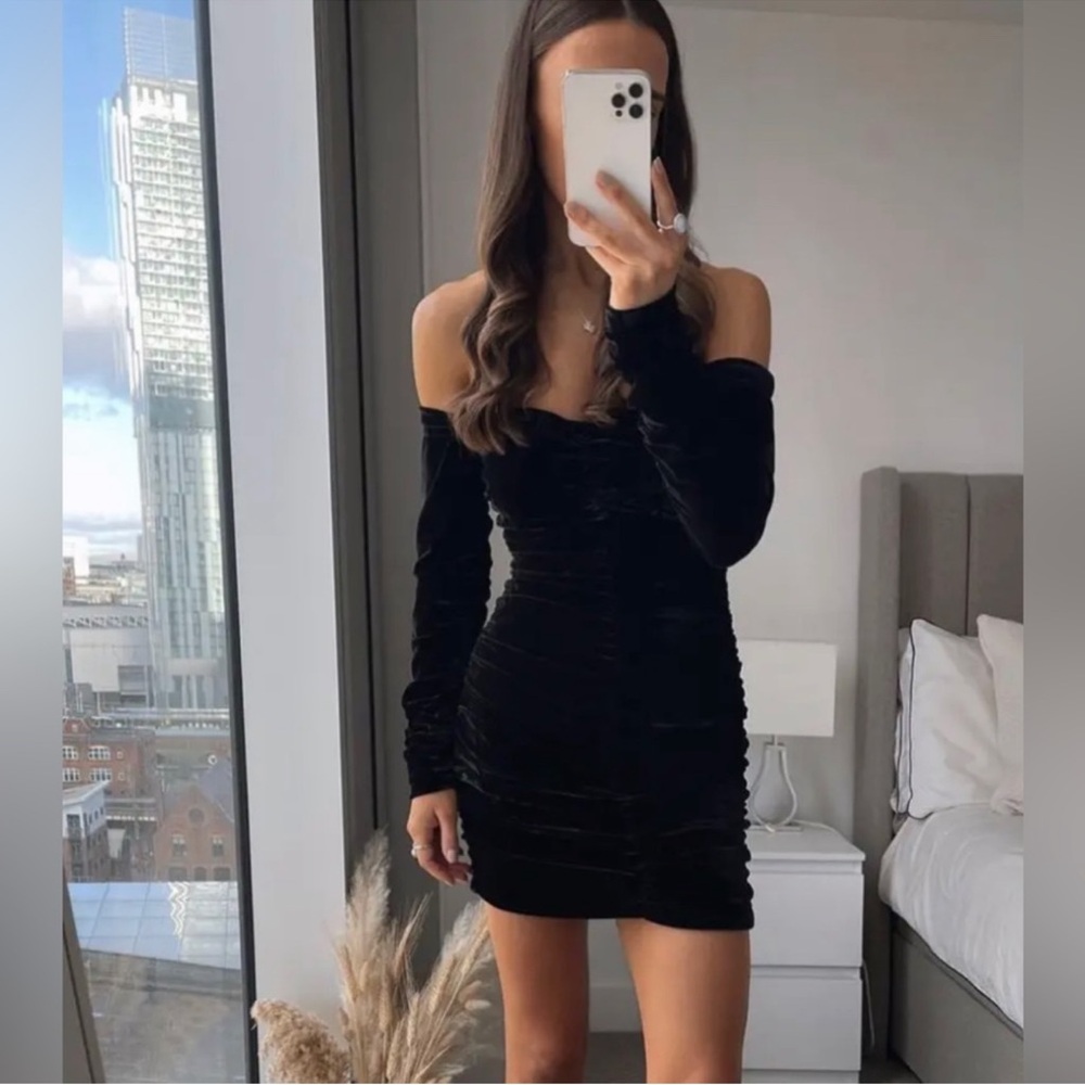 Zara black draped ruched velvet mini dress.